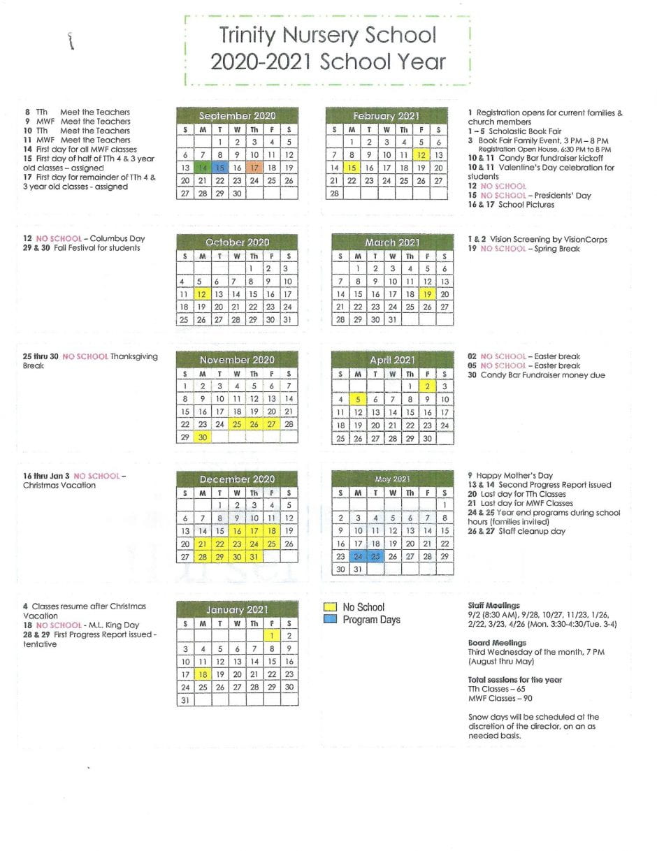 2020 -2021 School Year Calendar | Trinity Nursery News